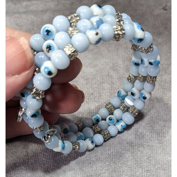 Bohemian Evil Eye Light Blue Glass And Silver Tone Beaded Coil Bracelet - Picture 5 of 6